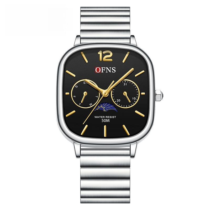 Fashion Ofns Brand Quartz Waterproof Light Luxury Five-hand Disc Five-pin Minimalist Square Moon Phase Men's Steel Watches