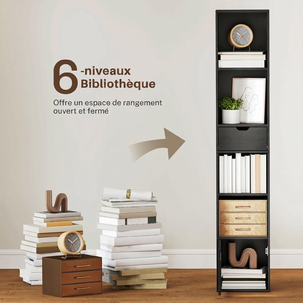 Bookcase, Storage Unit, Drawer, Cupboard, Open Compartments, 30 x 24 x 158 cm, Black