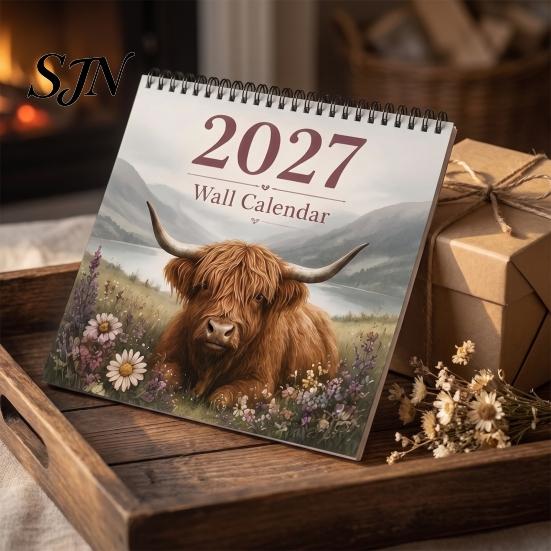 Yearly Planner for Planning 2027 Highland Cow Wall Calendar, 12-Month Farm Landscape with Daily Appointment Tracker Double Coil Binding, Thick