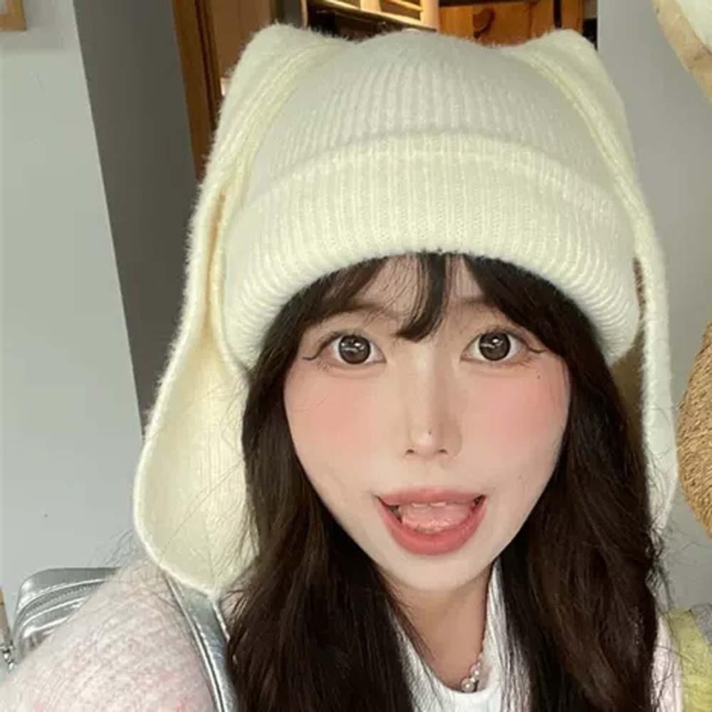 Korean Style Bunny Pullover Cap Elastic Solid Color Knitted Hat Fashion Brimless Beanie Hat Couple