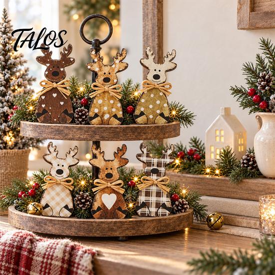 Decorative Elk Statues for Shelves Wooden Figurine, Rustic Ornament, Vintage Animal Desktop Decoration, 2D Flat Plaid Figures Wall Hanging Ornament