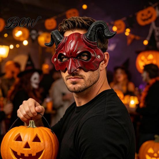 Half Face Devil Mask Demon Horn Mask, Halloween Head Cosplay Prop, Masquerade Distressed Party Horror Costume Accessory, Carnival Trick or Treat Gift
