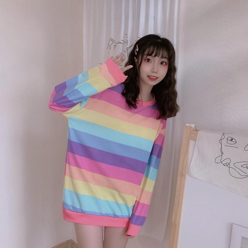 Женские топы, осенняя рубашка в радужную полоску с длинными рукавами, Harajuku, студентка, корейская версия, свободный пуловер