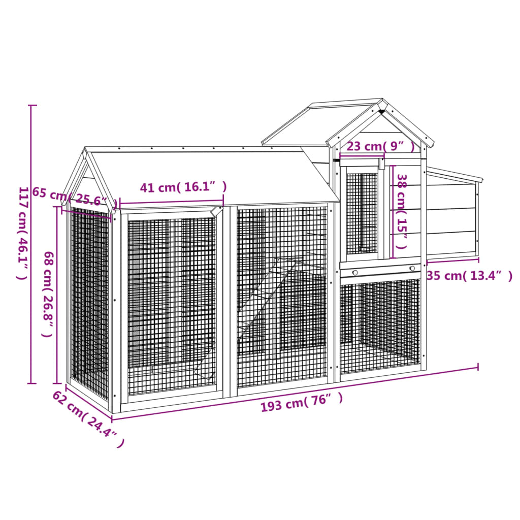 Brown Chicken Coop 193 x 65 x 117 cm Solid Pine Wood