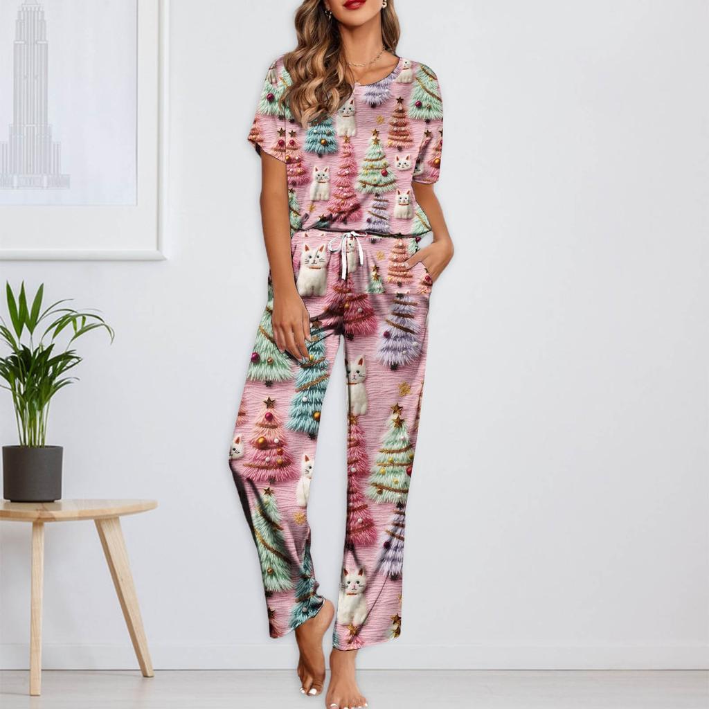 Женский шелковый атласный пижамный комплект с рождественским принтом, рубашка с коротким рукавом и длинные пижамные штаны, мягкая домашняя одежда