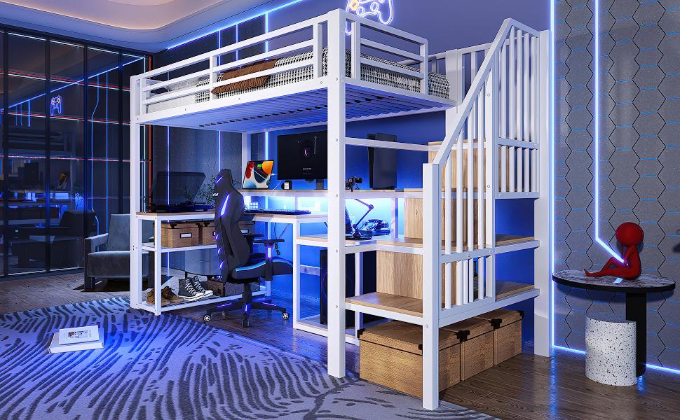 Loft bed, 90 x 200 cm, iron frame, storage, staircase with storage, safety railing, LED light strip, desk, USB port, without mattress, white
