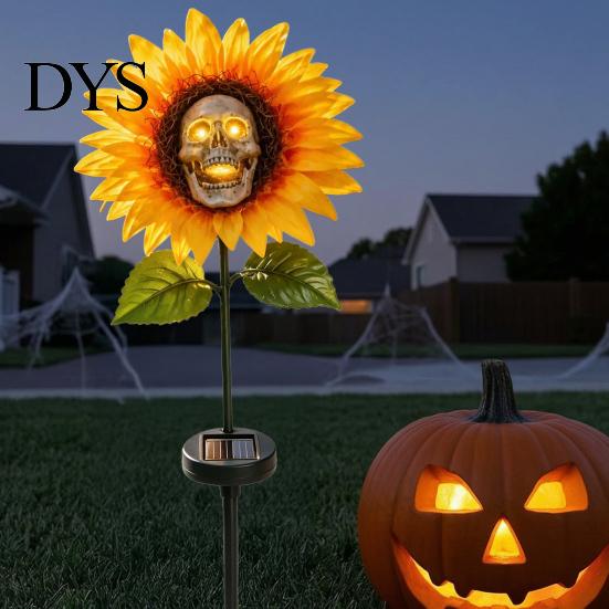 Day of The Dead Outdoor Decoration Solar Garden Stake Light, Gothic Skull And Sunflower Statue Lamp, Halloween Decor Waterproof LED Landscape