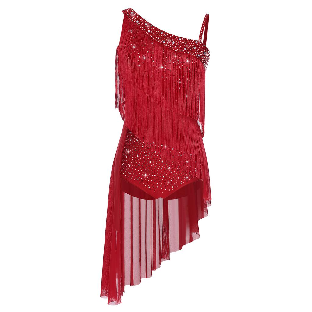 Glitter Rhinestone Asymmetrical Tassel Dress Openable Crotch Leotard with Irregular Hem for Women Latin Tango Competition