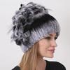 Floral Rabbit Fur Hat Women Fluffy Warm Winter Thick Hat Elegant Stylish Russian Fur Cold Hat Rex Rabbit Fur Beanies Striped Top