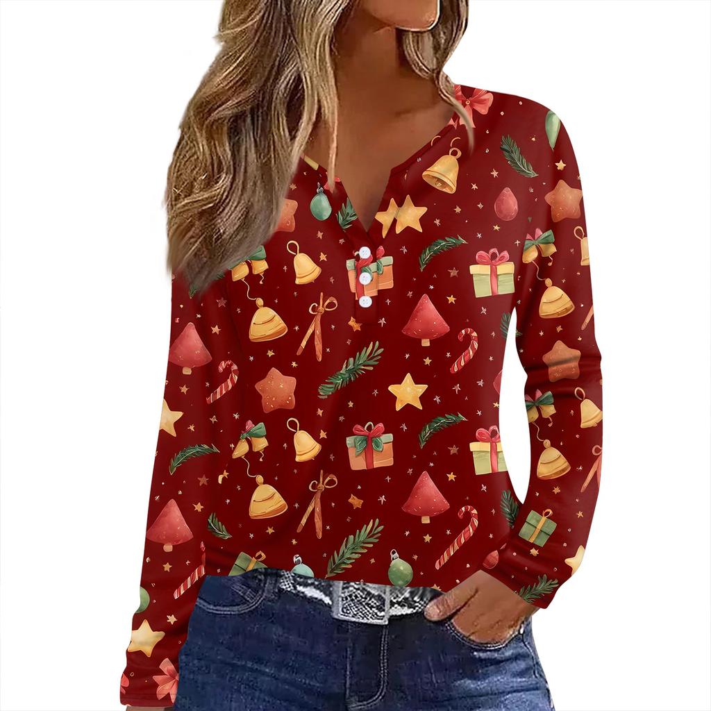 Женская футболка с рождественским принтом на пуговицах с длинным рукавом, повседневная, выходного дня, модная, базовая, с V-образным вырезом, обычная