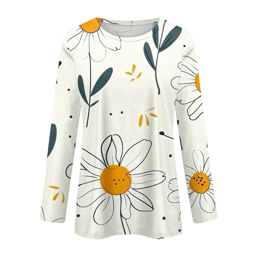 Женская мода повседневный топ с длинным рукавом с цветочным принтом и круглым вырезом