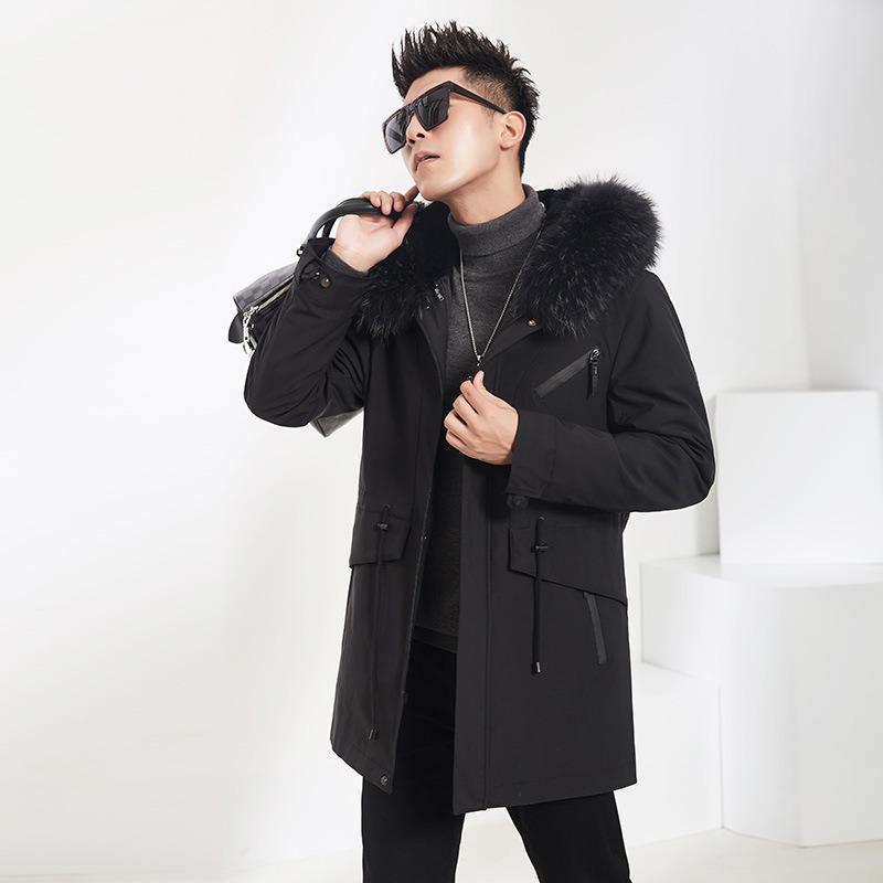 Мужская парка с воротником из меха енота, съемной подкладкой из меха кролика, меховое зимнее пальто средней длины из меха
