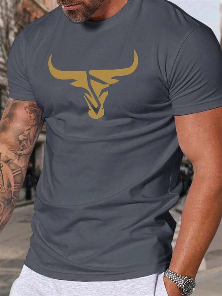 2024 New Summer Daily Casual Men's T-shirt Outdoor Street Men Fashion Short-sleeved Top 3D Bull Head Print Men's T-shirt