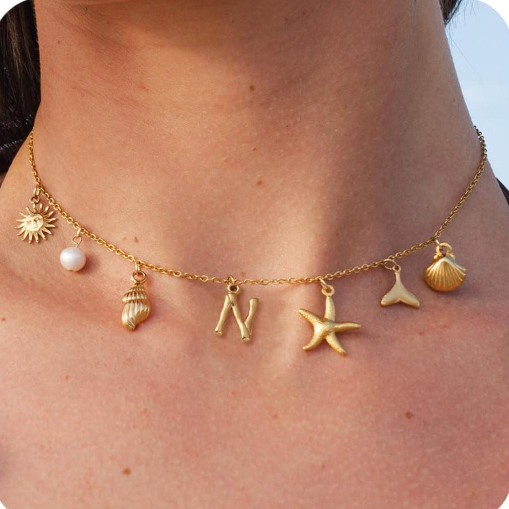 MHS.SUN Starfish Shell Initial Necklace Waterproof 18K Gold Plated Stainless Steel Charm Necklaces Surfer Girl Summer Beach Gift