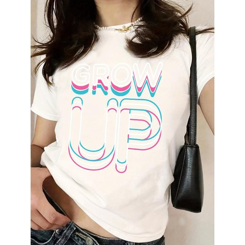Европейский размер GROW UP Футболка с 3D-принтом букв – Женская повседневная футболка с круглым вырезом, Удобная и универсальная для дома, отдыха, моды, на каждый день