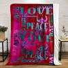 The pattern features colorful "LOVE" and "PEACE" text with peace symbols. for all seasons blanket lunch break throw gift