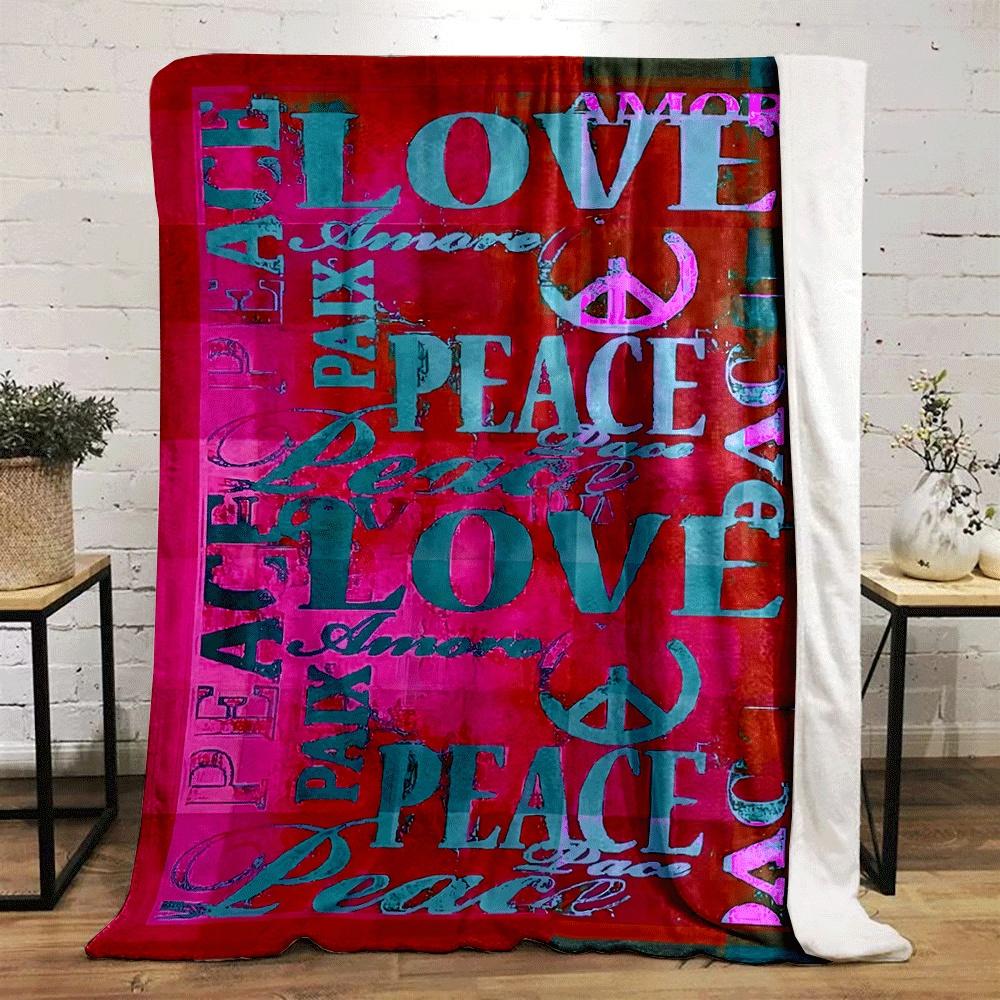 The pattern features colorful "LOVE" and "PEACE" text with peace symbols. for all seasons blanket lunch break throw gift