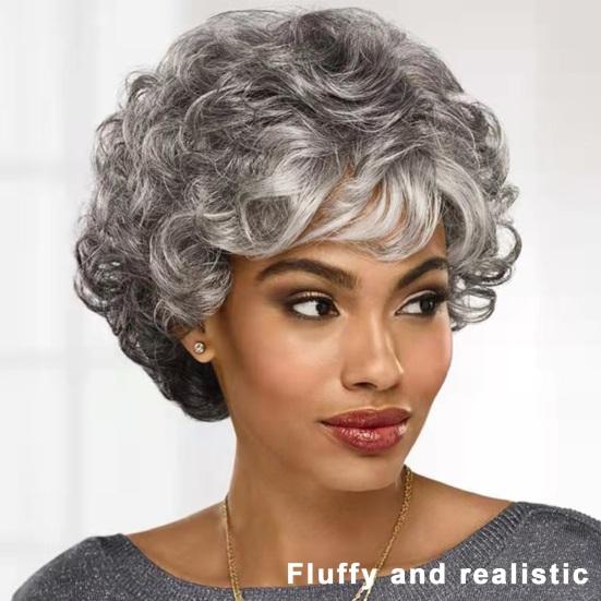 Short Wavy Curly Wigs with Bangs Natural Look High Temperature Silk Hair Wigs Long-Lasting Wear Middle-aged Women Style Fashion Fluffy Silver