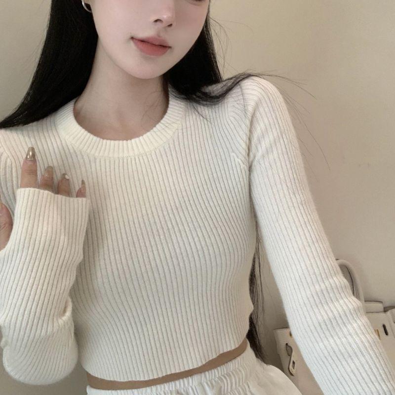 Женский базовый свитер повседневный круглый вырез женский вязаный свитер тонкий однотонный короткий топ женская одежда