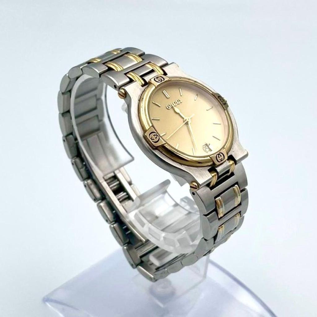 Б/У 820 Новая Батарея GUCCI 9000M Часы с Датой Кварцевые Комби Винтажные Нержавеющая Сталь Мужские Работа