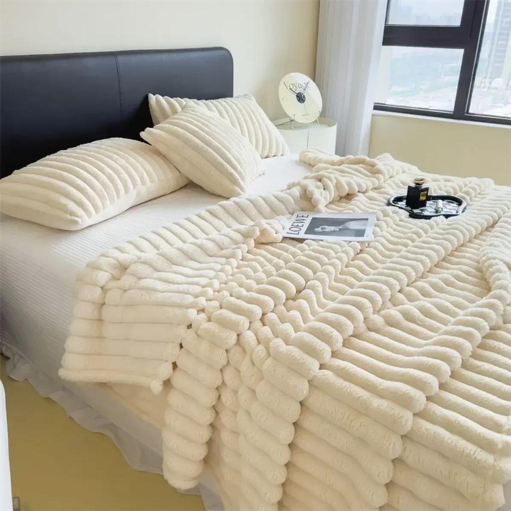200x230 Double Blanket Solid Color Thickened Wide Striped Multifunctional Blanket, Can Be Used As Bed Sheet