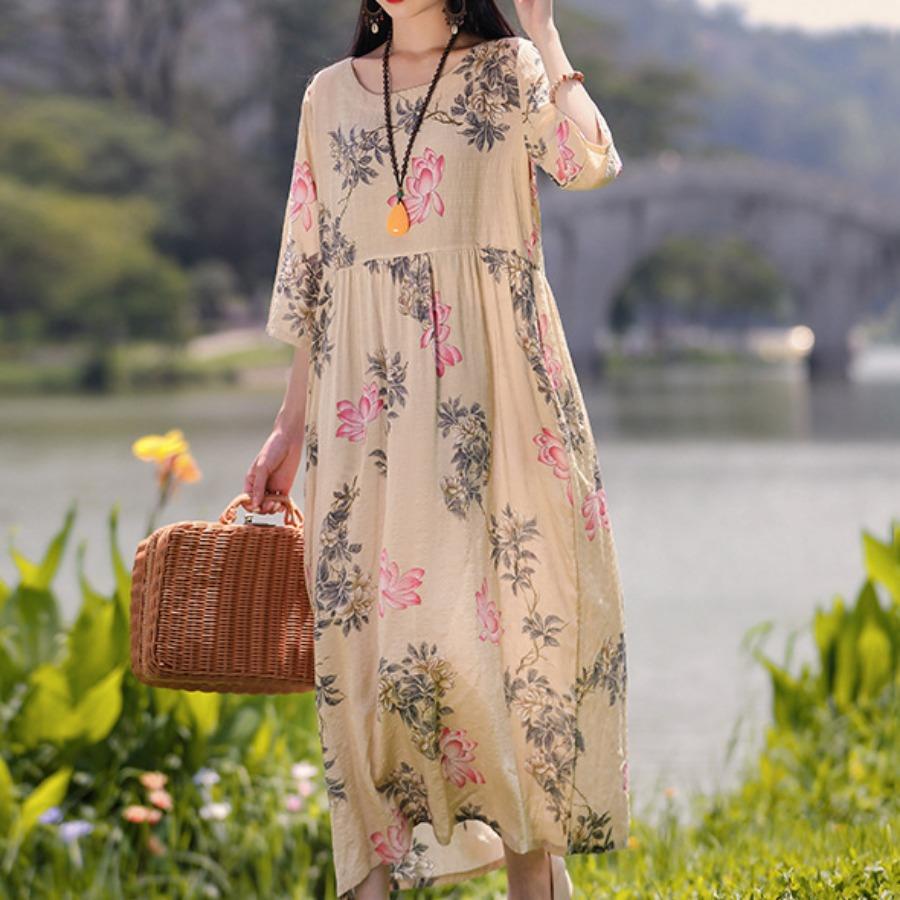 Этнический стиль Женское платье Лето Плюс Размер Принт Выше колена Рукав Семь Четвертей Длинные Платья