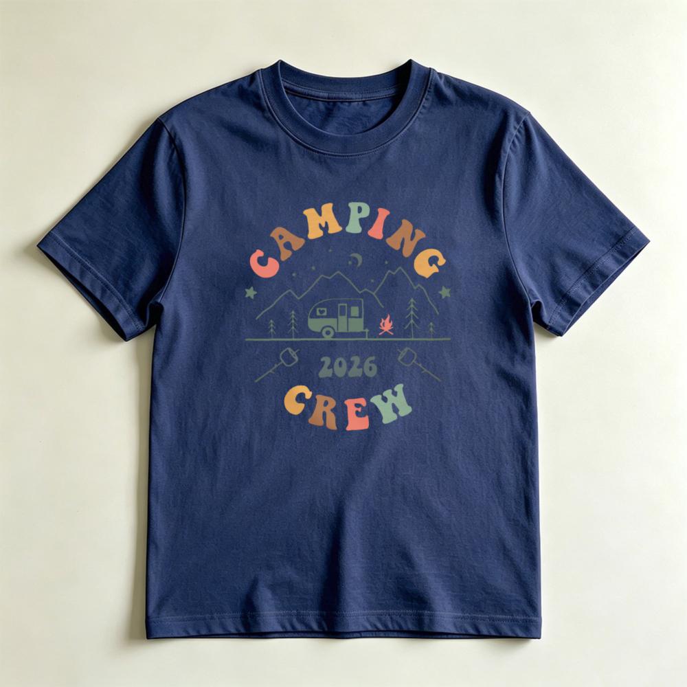 2026 Camping Crew Retro Rainbow Graphic TShirt Vintage Mountain Camper Tee Family Group Camping Trip Matching Casual Shirt