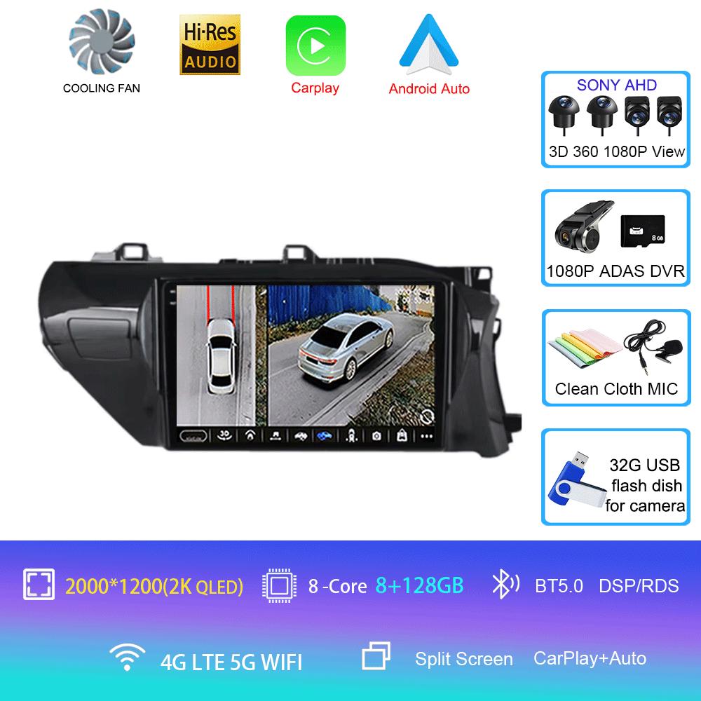 Для Toyota Hilux 2016-2020 Автомагнитола Android 14 Carplay Auto 2K Экран WIFI+4G Мультимедийный плеер 2din Автомагнитола Стерео Головное устройство