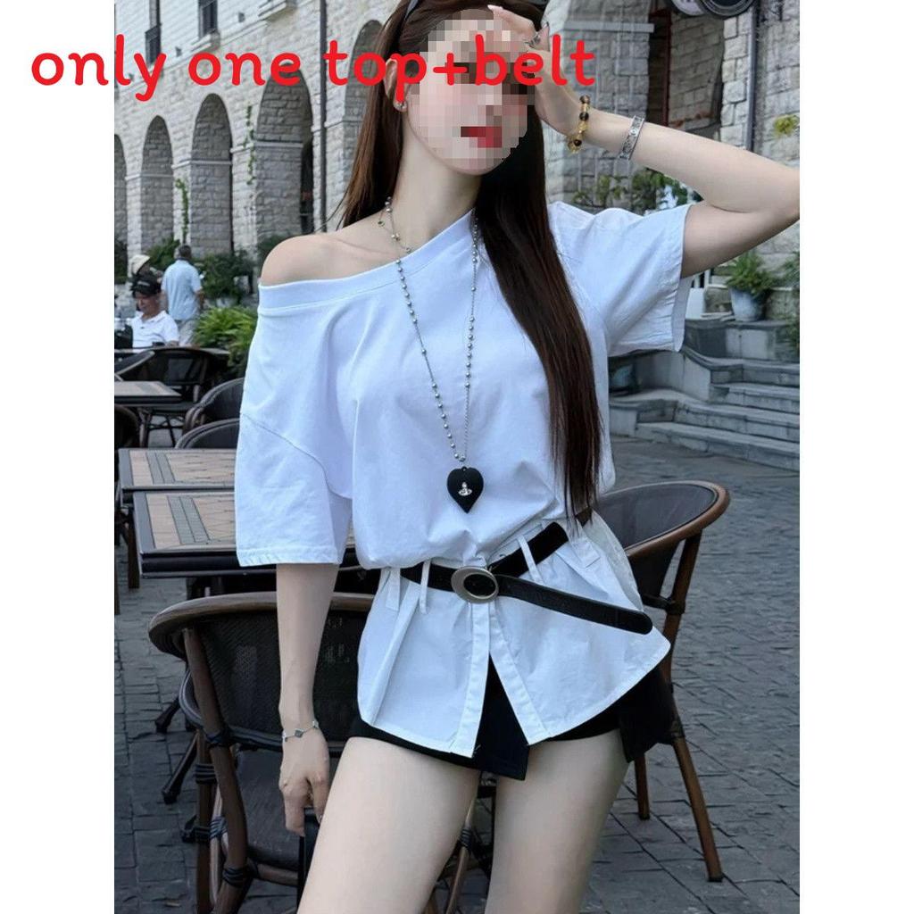 Summer Fashion Offshoulder Spliced Ruffled Waist Tshirt For Women