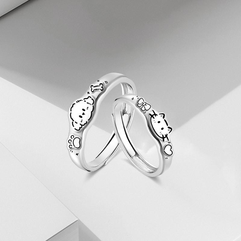 Cute Cartoon Kawaii Couple Rings Set Sterling Adjustable Open Band Women Men Vintage Style