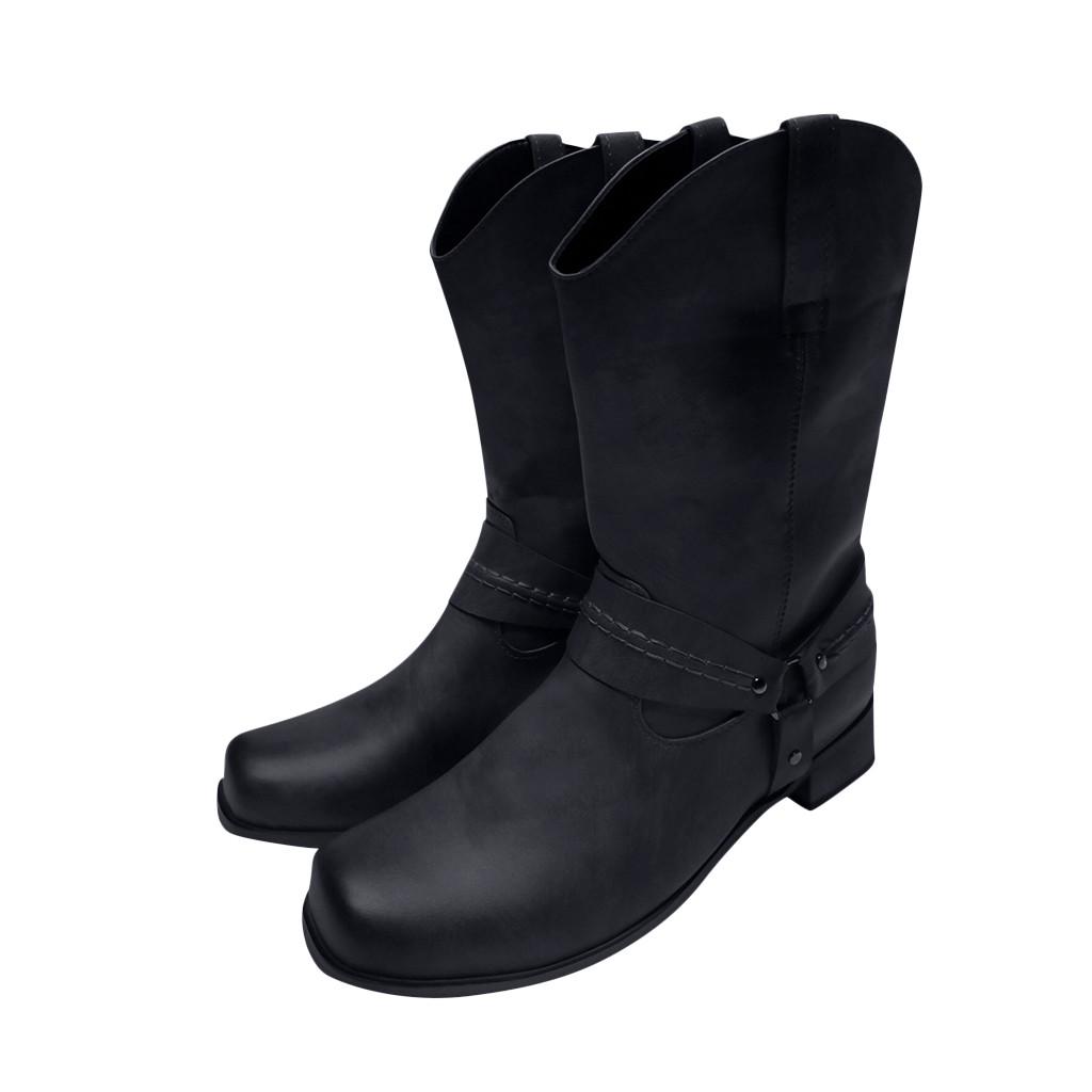 Мужские кожаные нескользящие туфли на низком каблуке с круглым носком и пряжкой, ковбойские сапоги