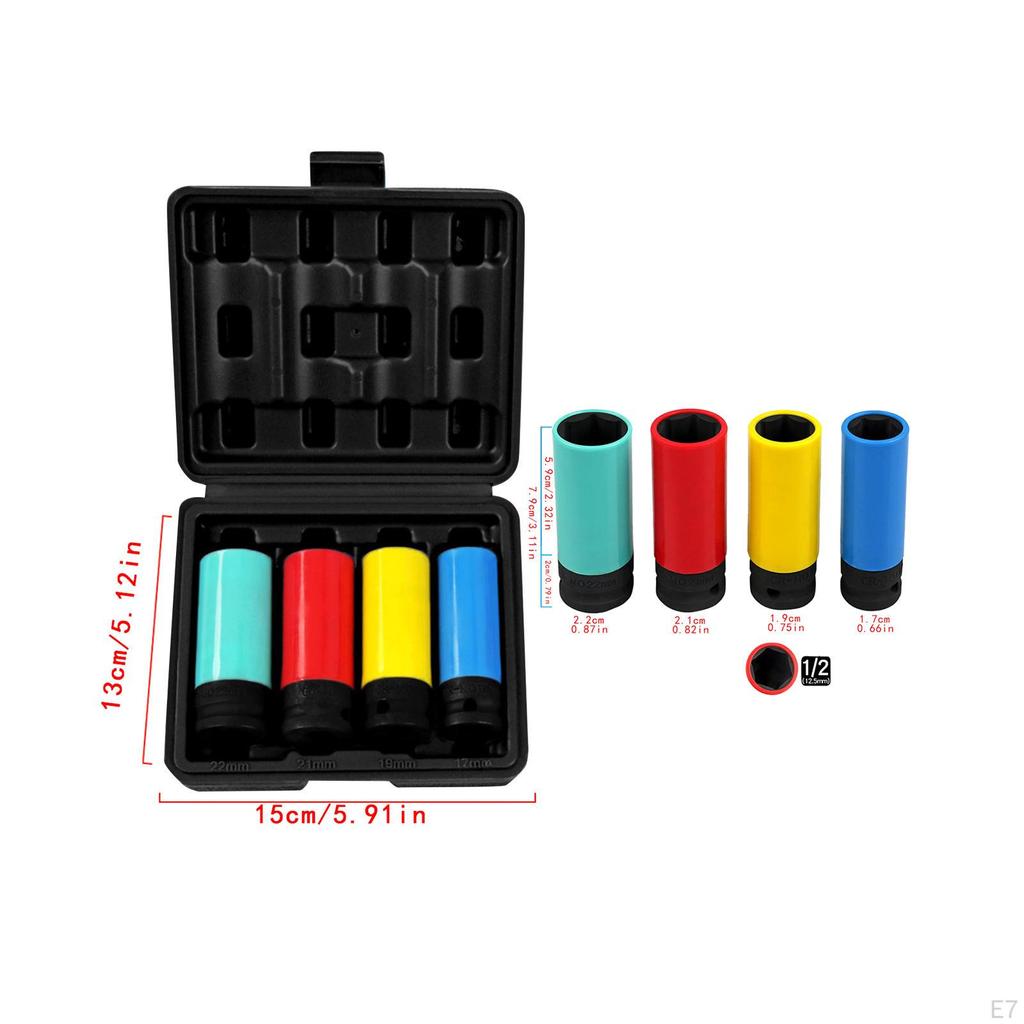 4 Pieces 1/2" Drive Impact Lug Nut Socket Kit 17mm 19mm 21mm 22mm with Colored Protective Covers