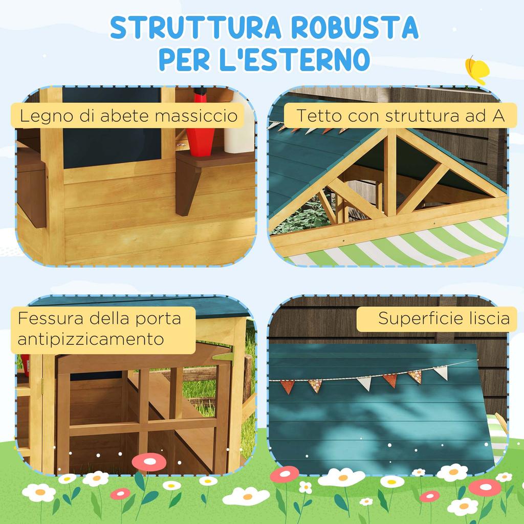 Wooden Playhouse for Kids, Foldable Wendy House with Windows, Working Door, Service Stations, Rain Covers, Brown