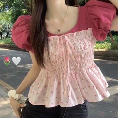 Милая блузка с пышными рукавами и тонкой сборкой, летняя, с принтом из ломаных цветов, комбинированная, женская одежда, с круглым вырезом, модная, с кулиской и бантом на талии