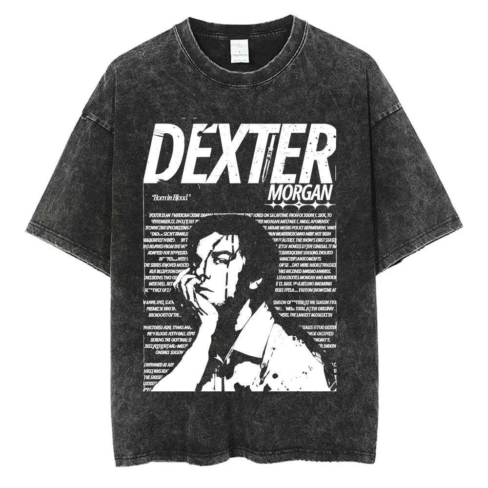 Washed Vintage TV Play Dexter Morgan Face Graphic Tshirt Men Women Casual Cotton Oversized T Shirt Male Classic Gothic Tshirts