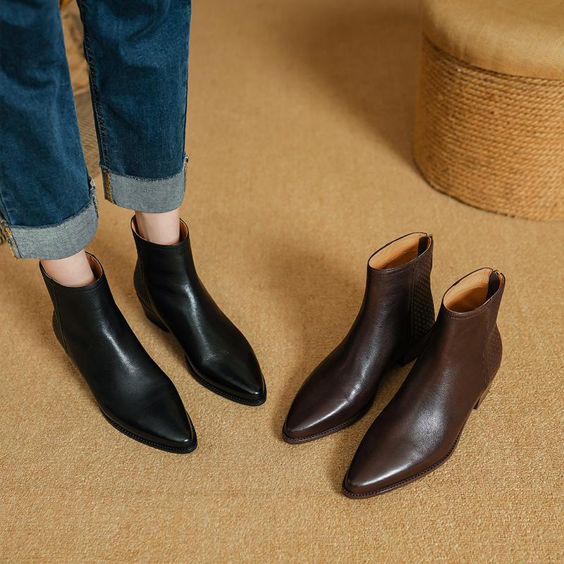 Fashion 2025 New Autumn Women Boots Pointed Toe Chunky Heel Shoes Genuine Leather Women Shoes Concise Zipper Ankle Boots Western Boots