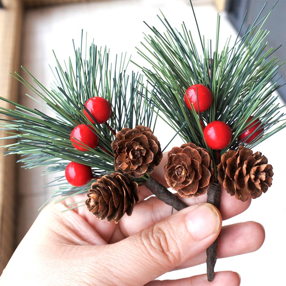 Christmas Pine Picks Artificial Red Berries Branches with Pinecone Stem for DIY Wreath Navidad Party Decor Supplies