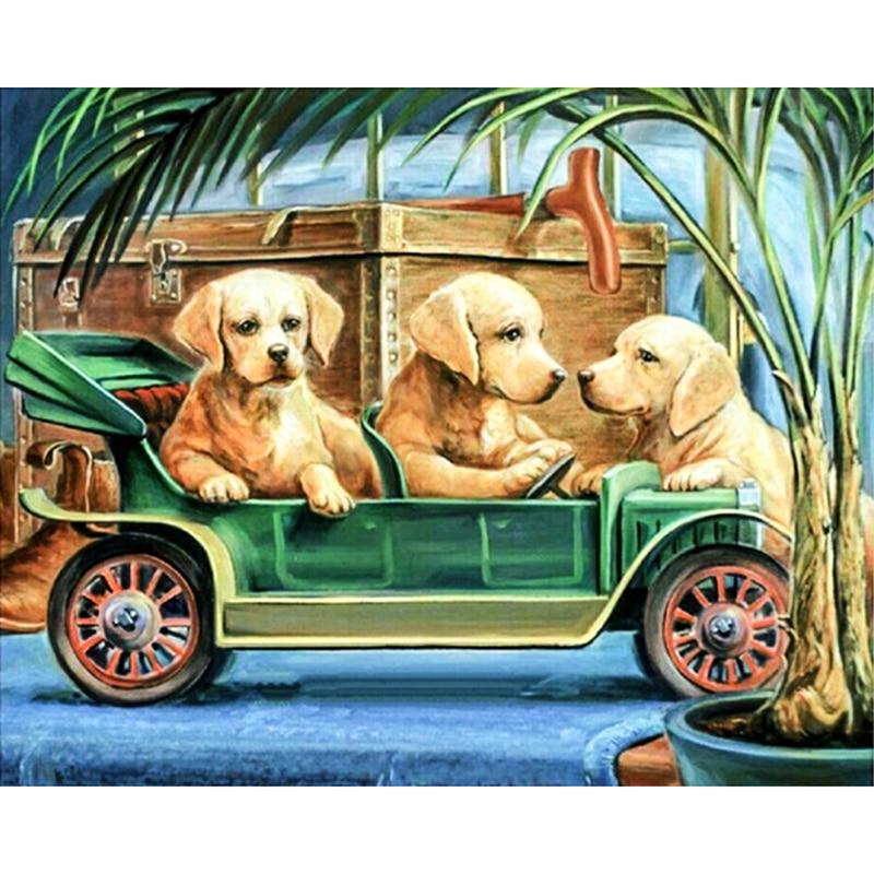 Diamond Painting Cross Stitch Puppy Driving Car Diamond Embroidery Crystal Diamond Pictures