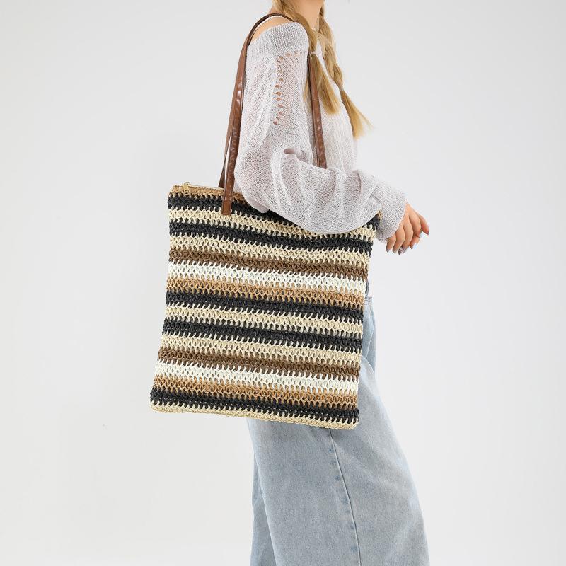 Women Fashion Striped Summer Beach Straw Knitting Shoulder Bag Handwoven Handbags Portable Large Capacity Casual Tote CLE