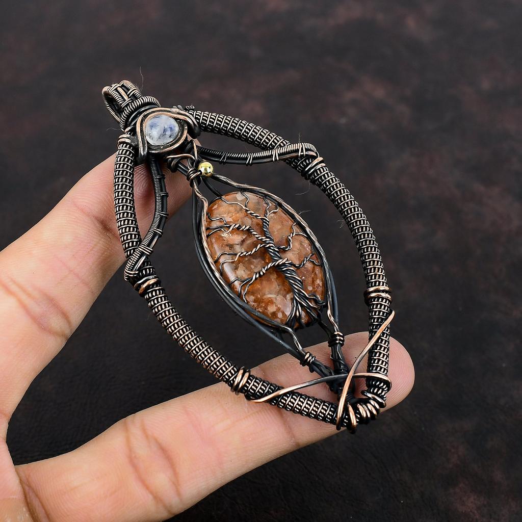 Кулон Древо Жизни с камнем Солнечный камень, обмотанный медной проволокой, кулон с Радужным лунным камнем, медные украшения, подарок на помолвку, ручная работа, удивительный кулон