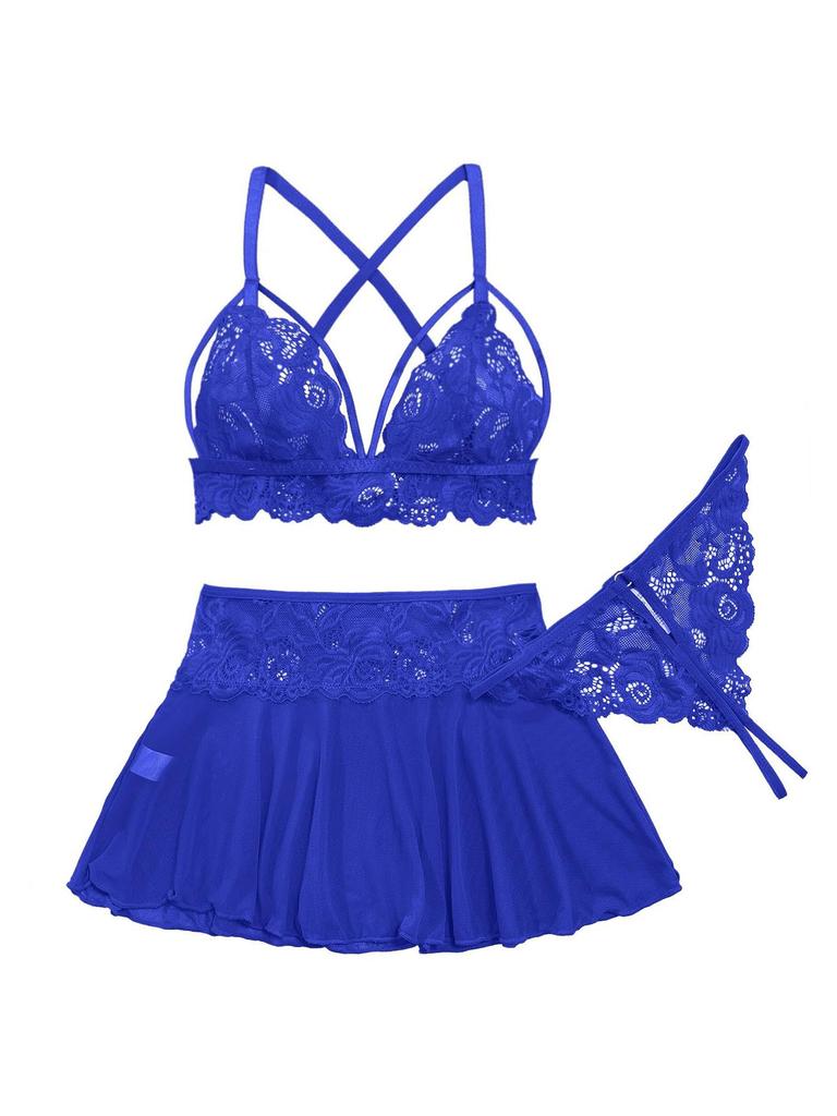 Sexy Mini Skirt with Thong Floral Lace Sheer Bralette Lingerie Set 3 Piece Otufits
