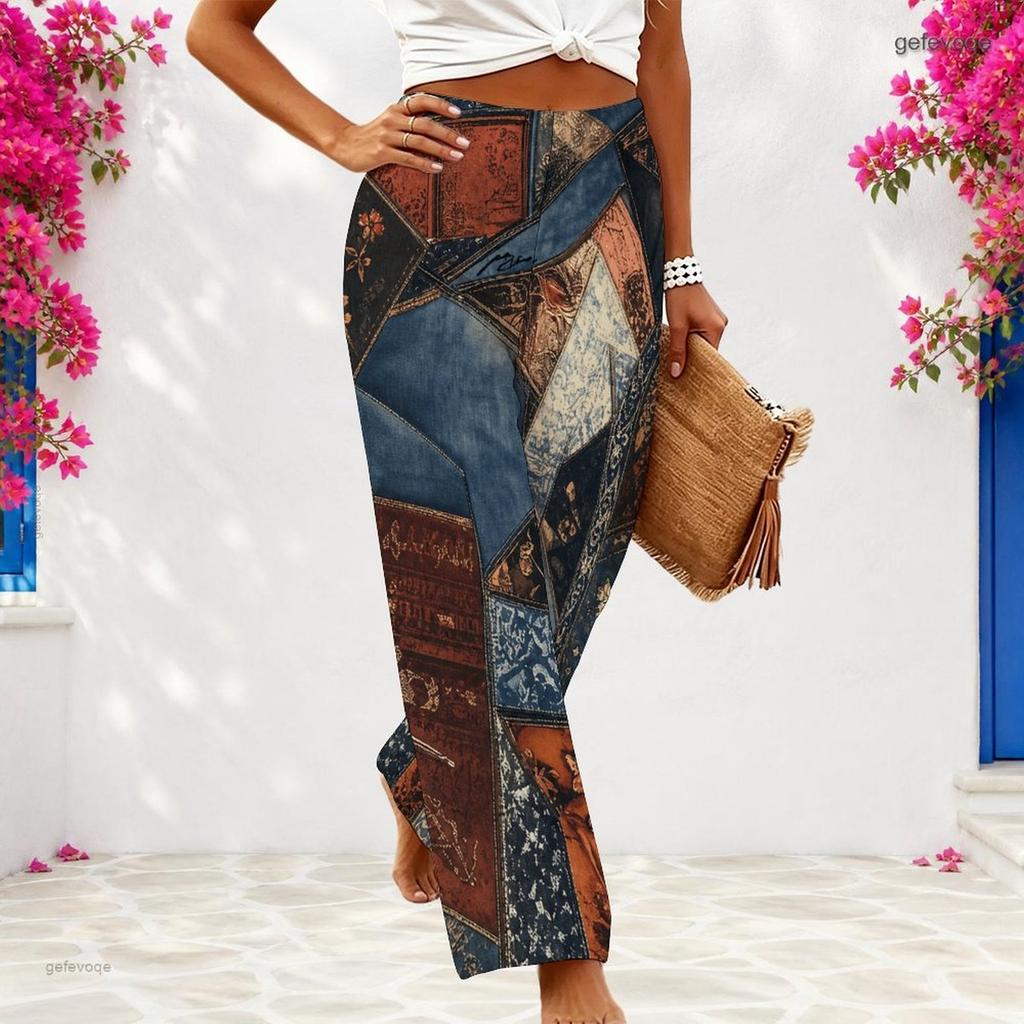 Women Plus Size Loose Fit Wide Leg Full Length Patchwork Printed Pants