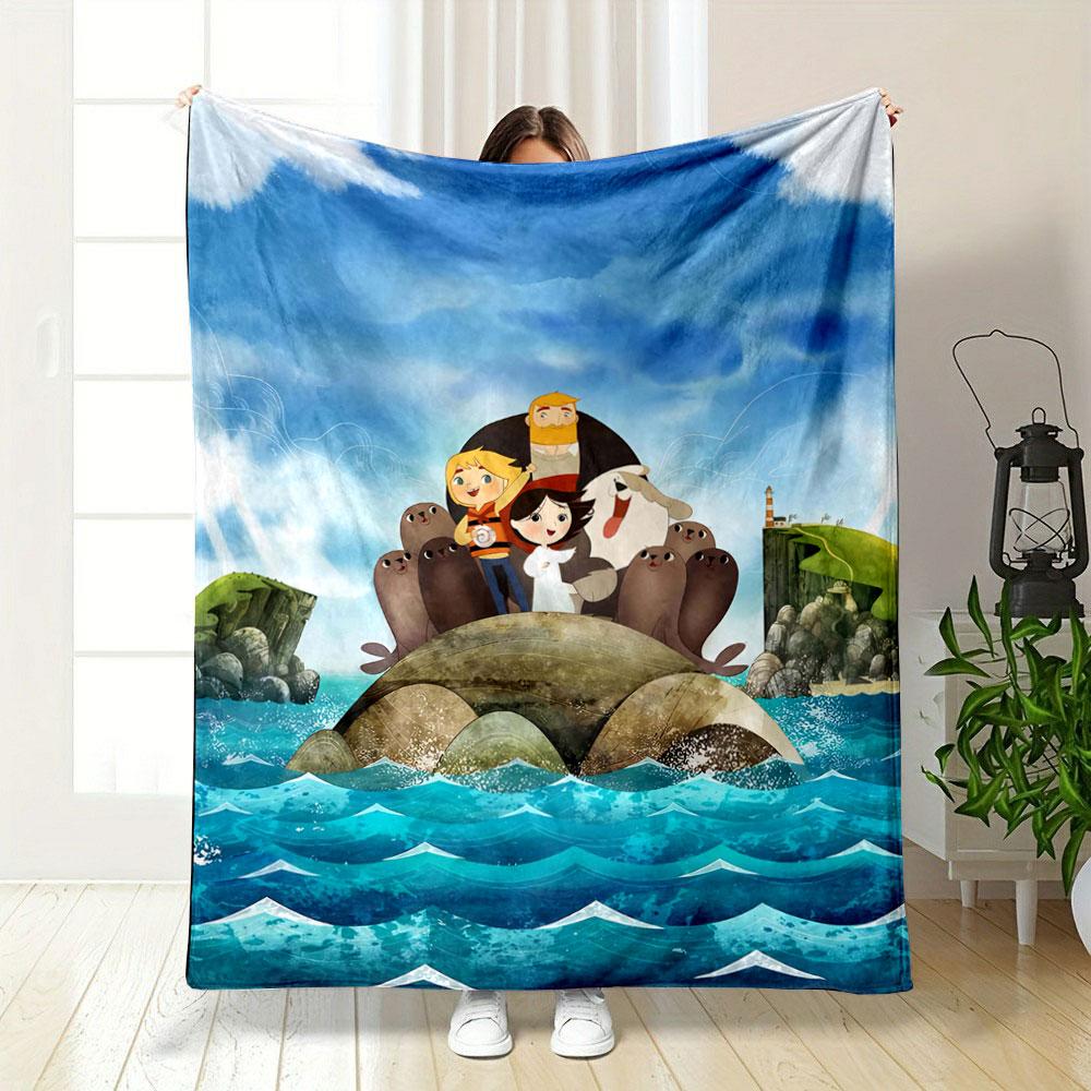 Characters stand on a rocky island surrounded by seals and ocean waves. for all seasons blanket lunch break throw gift