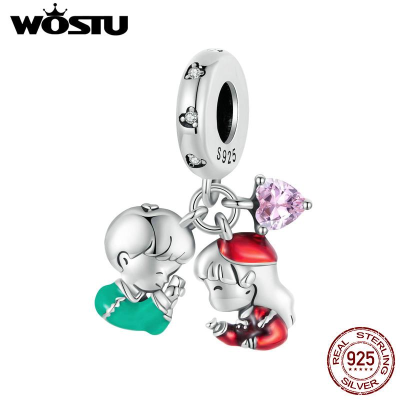 WOSTU 925 Sterling Silver Lovely Little Boy & Girl Charm Beads For Women Fit Original Charms DIY Necklae Birthday Jewelry Gift