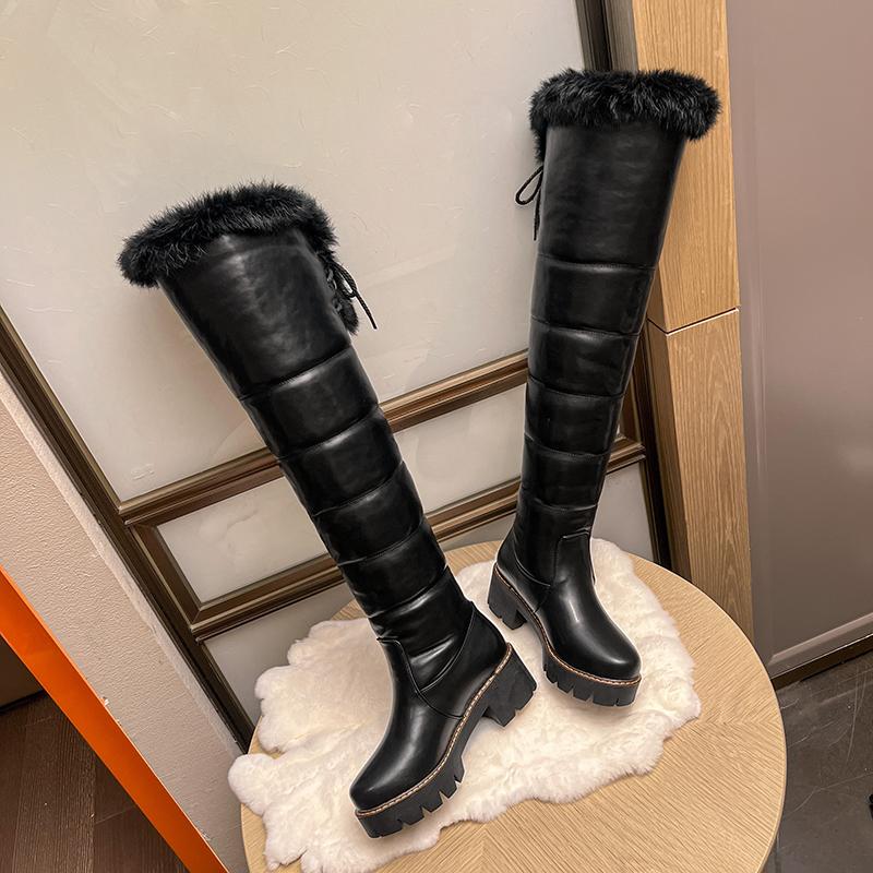 Женские длинные сапоги на высоком каблуке, новые зимние теплые зимние сапоги, большие плюшевые женские сапоги из однотонной кроличьей шерсти