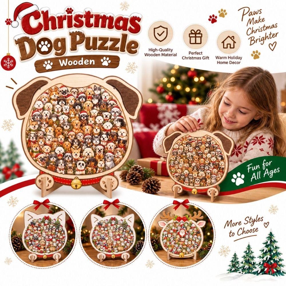 Wooden Christmas Dog Puzzle Irregular Shape Puzzle Ornament Tabletop Decoration