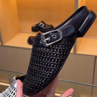 2025 Новая Пряжка Ремня Элегантные Женские Шлепанцы с Закрытым Носком Летние Сетчатые Стразы Ретро Шик Уличные Тапочки Zapatos Mujer