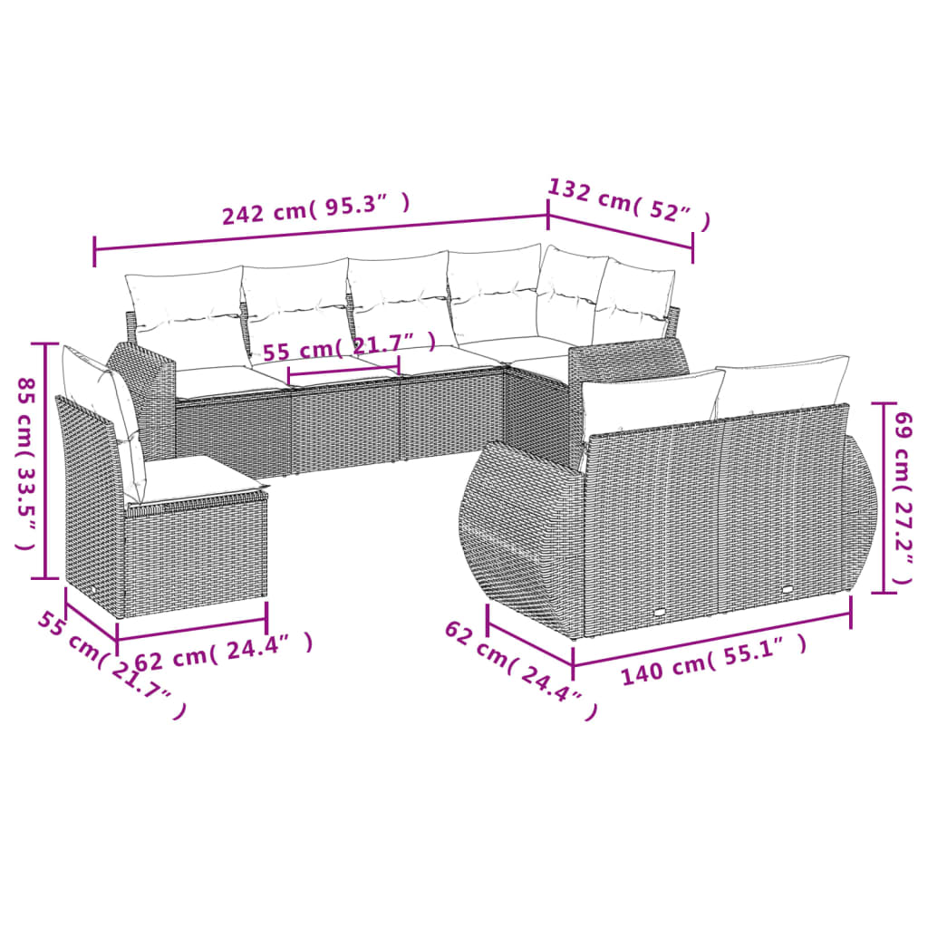 8 piece Garden Sofa Set with Cushions Black Poly Rattan