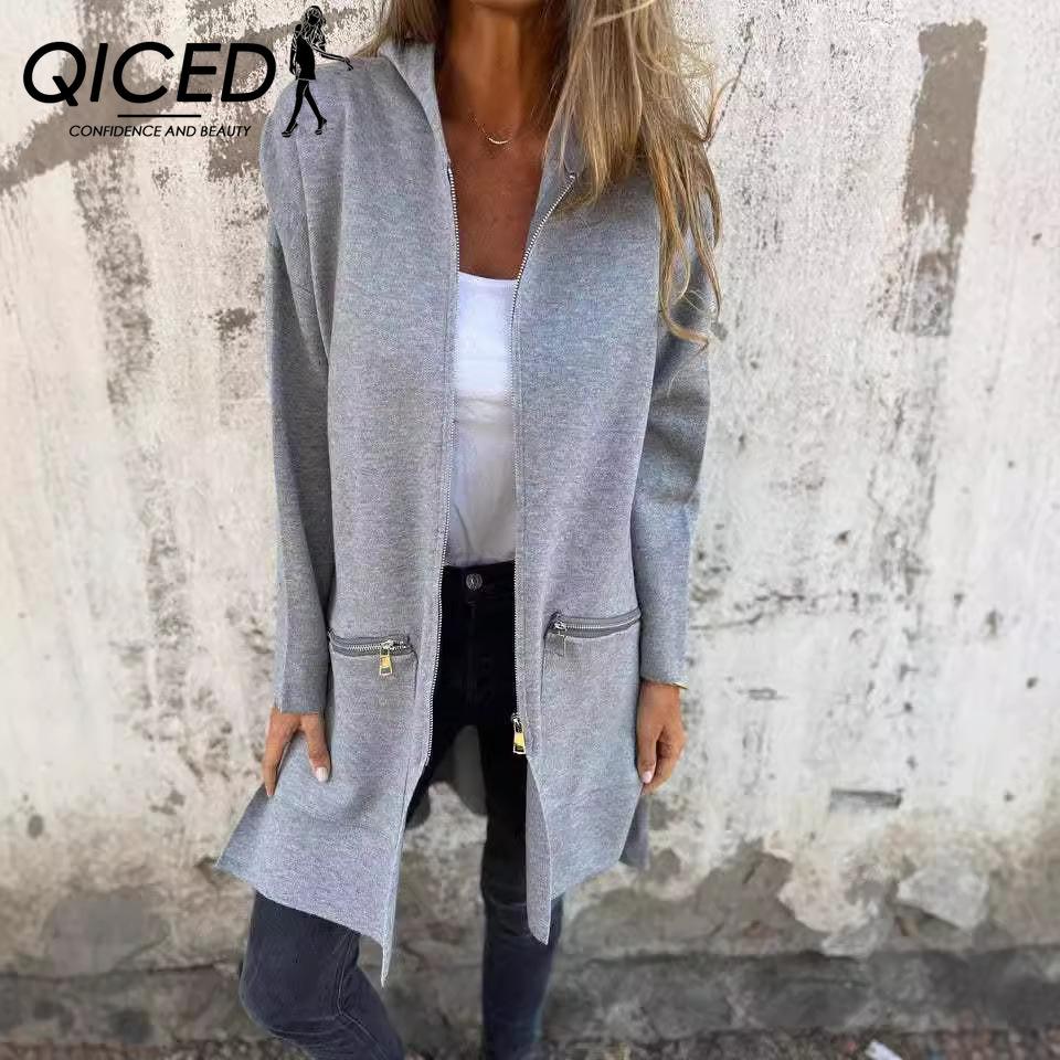 QICED Осень/Зима однотонная повседневная куртка с капюшоном на молнии