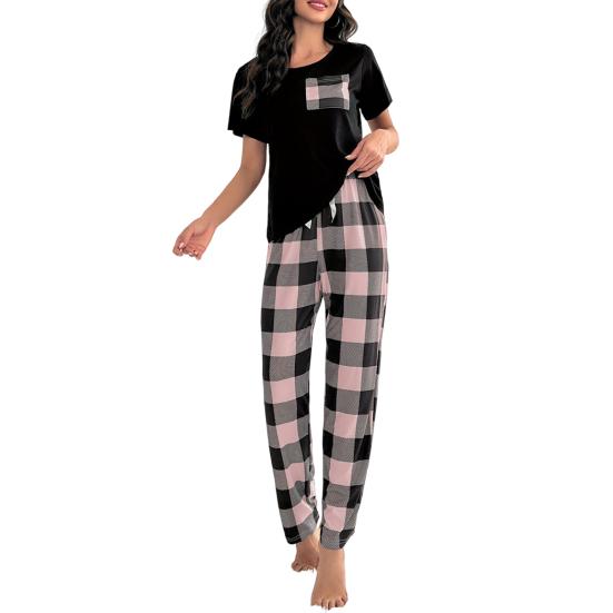 Женский комплект из 2 предметов: топ и брюки, летняя пижама, клетчатые брюки, круглый вырез, короткий рукав, футболка, домашняя одежда, повседневная одежда